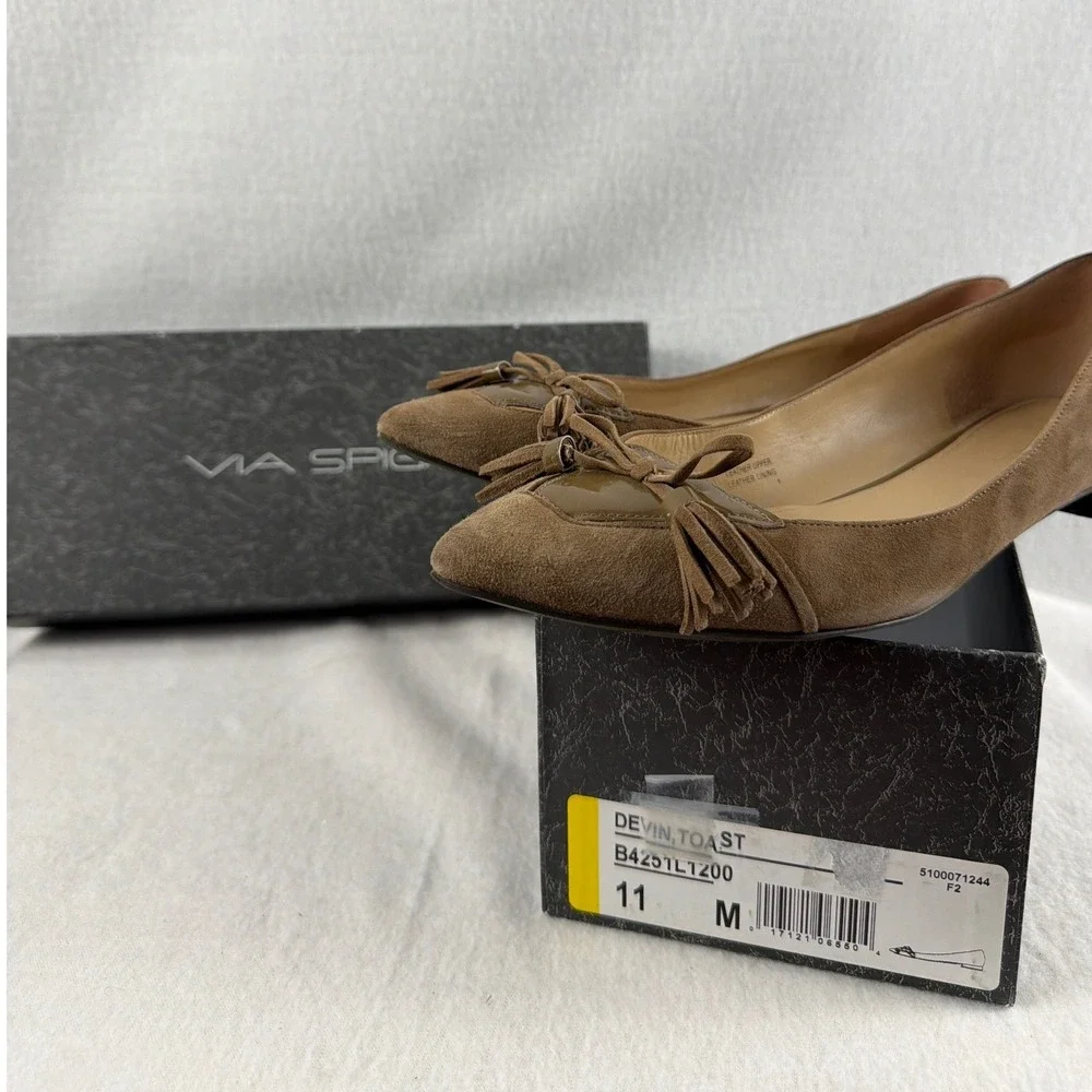 Via Spiga Devin‎ Brown Suede Tassel Bow Pointed Toe Ballet Flats Size 11M